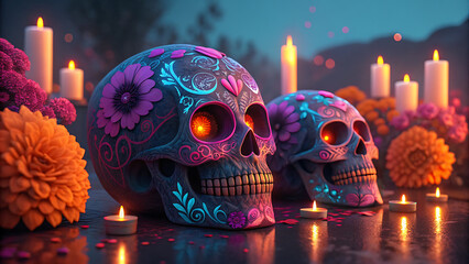 Vibrant day of the dead skulls adorned with flowers and candles