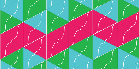 Abstract geometric pattern featuring repeating shapes, colors, and curved white lines.