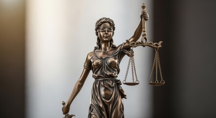 Bronze Lady Justice statue with blindfold and scales symbolizing impartial legal judgment. Classical figure represents fairness and equality in judicial system. Ideal for law firms and legal content.