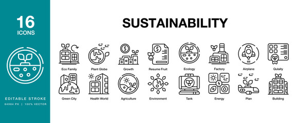 Sustainability icon set. Includes sustainability, green, nature, environment, sustainable and More. Editable Stroke Icon Collection.