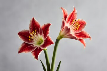 Fototapeta premium Two vibrant amaryllis flowers with red and white petals and prominent yellow stamens stand gracefully against a soft gray backdrop in a close up shot.