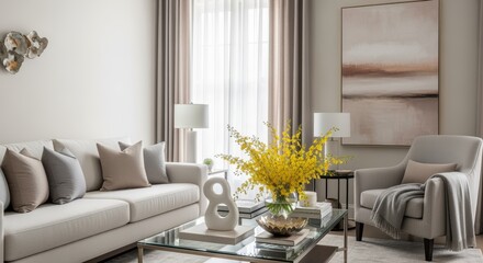 Elegant contemporary living room with beige sectional sofa, glass coffee table, and yellow flowering branches as centerpiece. Modern lamps and abstract art complement the neutral design.