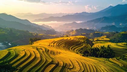 Naklejka premium Golden Terraced Fields Illuminated by Dusk Sunlight with Rolling Green Hills and Deep Shadows Creating a Dramatic Landscape at Twilight