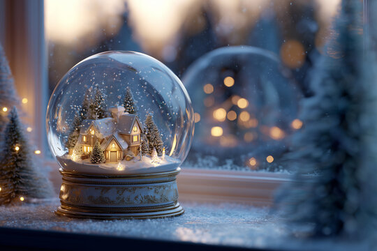 close-up of a magical snow globe with a tiny Christmas village inside, glowing warm lights in miniature houses, snowflakes swirling inside the globe, placed on a frosty windowsill - Powered by Adobe