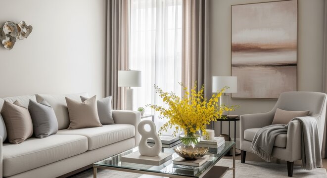 Elegant contemporary living room with beige sectional sofa, glass coffee table, and yellow flowering branches as centerpiece. Modern lamps and abstract art complement the neutral design.