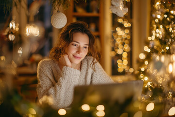 portrait of a young woman sitting at desk with laptop, cozy home interior, Christmas tree with glowing fairy lights and ornaments in the background, warm festive holiday atmosphere, soft bokeh lights