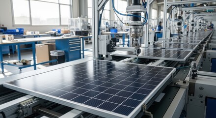 Modern factory with automated machinery manufacturing solar panels. Clean industrial facility features robotic equipment processing photovoltaic modules on assembly line for renewable energy.