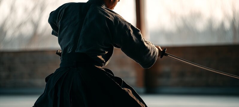 Person in traditional martial arts attire practicing swordsmanship