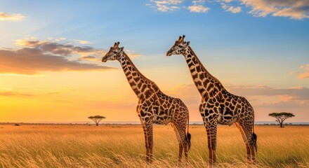 Obraz premium Two majestic giraffes stand gracefully in golden African savanna grasslands during stunning sunset. Acacia trees dot the horizon under dramatic sky with orange and blue hues.