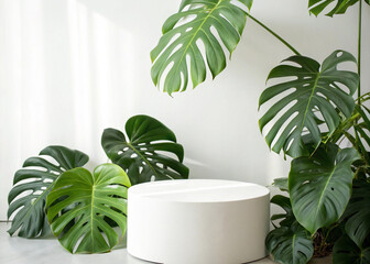 white isolated backround white podium nature monstera deliciesa leaves. 	