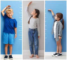 Cute children measuring their heights near colorful walls, collage of portraits