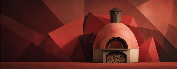 Red Oven: A stylized architectural rendering of a wood-fired oven, radiating warmth and inviting a culinary experience within a vividly red, geometric backdrop.