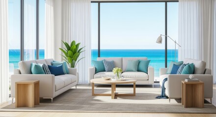 Modern coastal living room with white sofas, blue pillows, and wooden coffee table. Large windows showcase ocean views with natural light streaming through curtains. Green plant adds freshness.