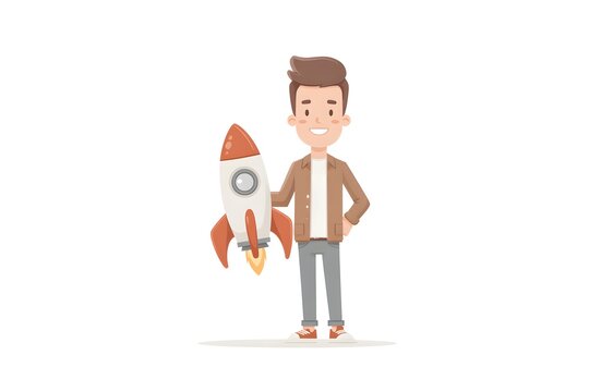smiling AI startup founder holding a rocket-shaped neural network glowing with energy, symbolizing startup launch, 3d animation, isolated on a white background,