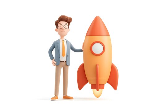 smiling AI startup founder holding a rocket-shaped neural network glowing with energy, symbolizing startup launch, 3d animation, isolated on a white background,