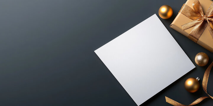 Blank white card featuring a golden gift box with a bow and shimmering Christmas ornaments, offering ample copy space for holiday greetings or messages