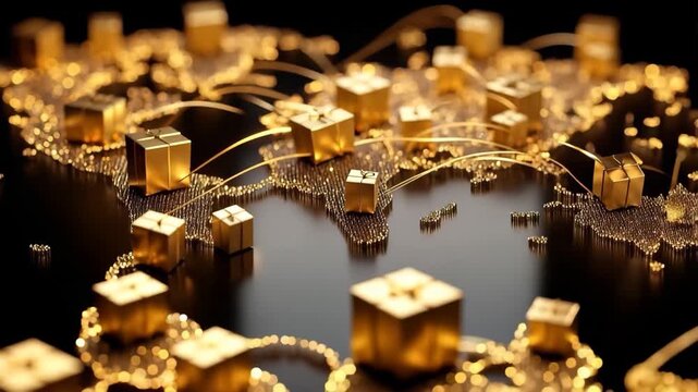Stunning world map featuring golden gift boxes and intricate connections symbolizing global trade and exchange opportunities