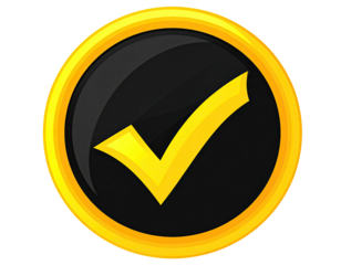 A gold outlined circle with a yellow checkmark over a glossy black circle