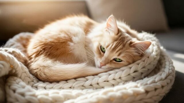 Happy National Cat Day: Adorable Feline Napping Comfortably on a Cozy Knitted Blanket