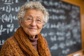 An elderly math teacher explains. Behind her is a blackboard full of formulas. 