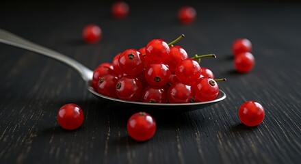 Close up of red currants on a spoon against dark background