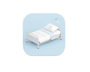 Hospital bed with white bedding and wheels isolated on transparent background 