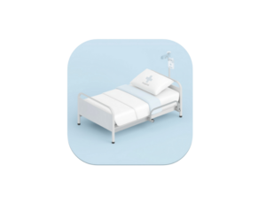 Hospital bed with white bedding and wheels isolated on transparent background 