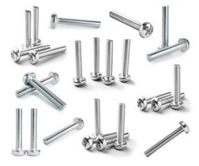 Different metal bolts isolated on white, set