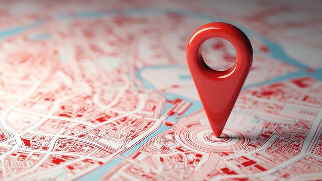 Animated red city map highlighting location pin marked Fa in the urban landscape, designed for navigation and exploration purposes