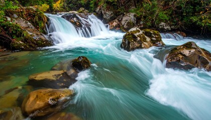Fototapeta premium Cascading Turquoise River Through Mossy Boulders, Rushing River and Waterfalls Flowing Around Rocks in a Lush Forest