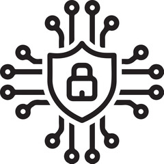 Cyberpunk, futuristic, digital security icon, abstract shield with circuit board elements, minimalist black and white design