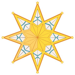 Eight pointed star design with gold gradients and blue accents isolated
