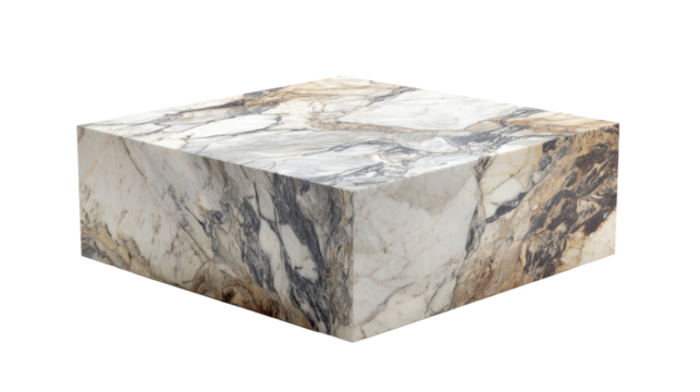 Minimalist square marble coffee table with white and grey veining, isolated on a Transparent background, PNG file.