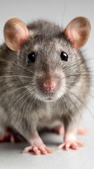 Cute Gray Rat Close-Up Portrait on Grey
