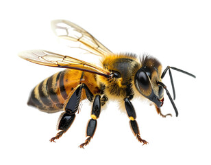 A close-up side profile of a honeybee with translucent wings and striped abdomen