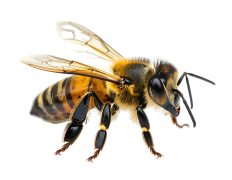 A close-up side profile of a honeybee with translucent wings and striped abdomen