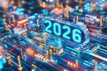 Obraz premium Futuristic digital circuit design with 2026 year displayed prominently in a neon glow
