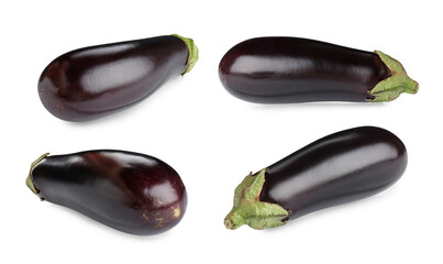 Fresh whole eggplants isolated on white, set