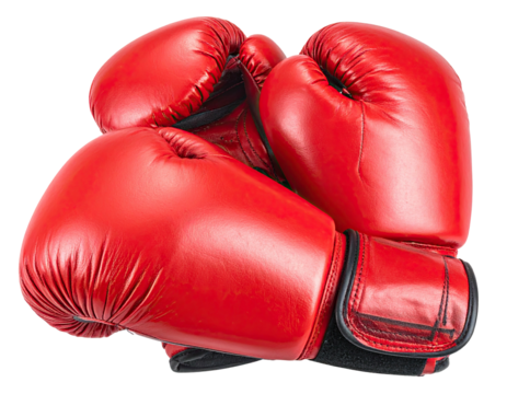 Two stacked red padded boxing gloves with detail of wrist and back