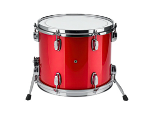 Shiny red drum with a white head, chrome hardware, and tripod stand