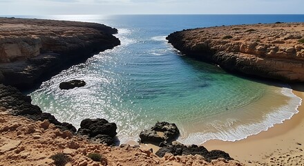 Beautiful secluded cove with turquoise water and rocky shores.