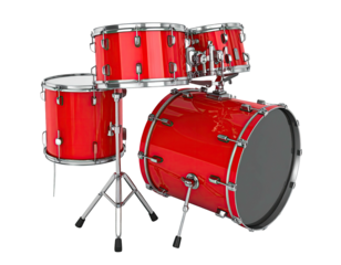 Shiny red drum kit, complete with snare, toms, and bass drum, set up