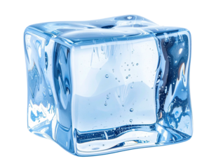 A close-up, crystal-clear, frozen cube with bubbles, against a dark background
