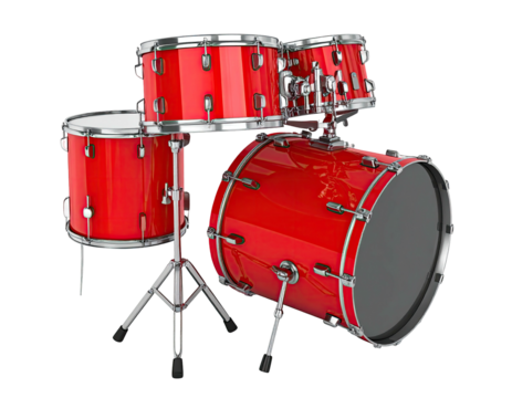 Shiny red drum kit, complete with snare, toms, and bass drum, set up