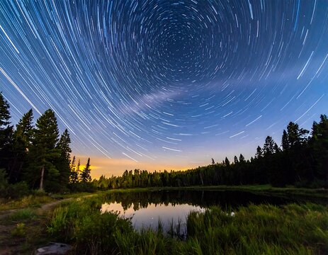 Star trails over a tranquil lake
