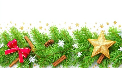 Christmas green pine branches with red bow, gold star, cinnamon, on white background, copy space