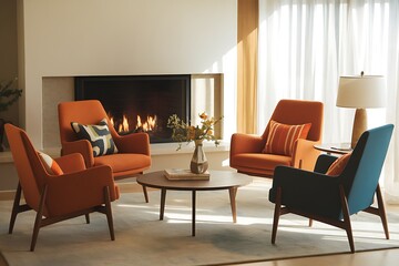 Fototapeta premium Cozy Living Room Featuring Four Armchairs Arranged Around a Coffee Table and Fireplace, Creating an Inviting Atmosphere for Gatherings