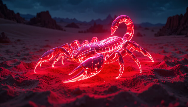 A glowing red scorpion stands out against the dark desert landscape at night