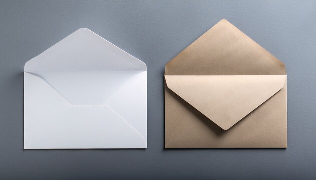 Two Blank Paper Envelopes On Gray Paper Background Back And Front Flat Lay