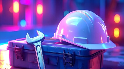 White hard hat with wrench on toolbox under neon light